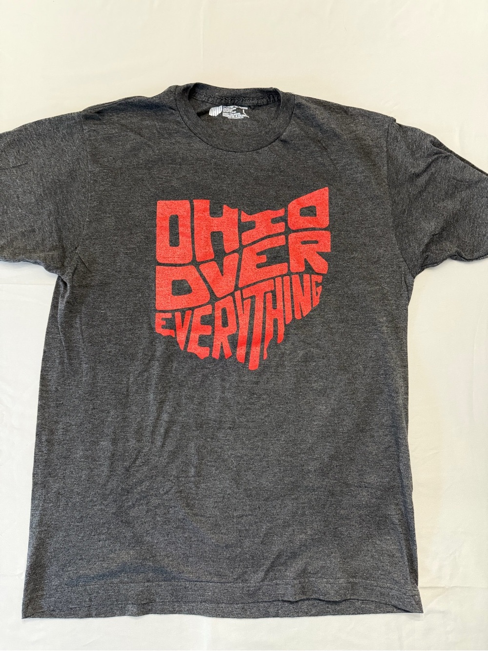 Charcoal Crew Tee with Red "Ohio Over Everything" Graphic
